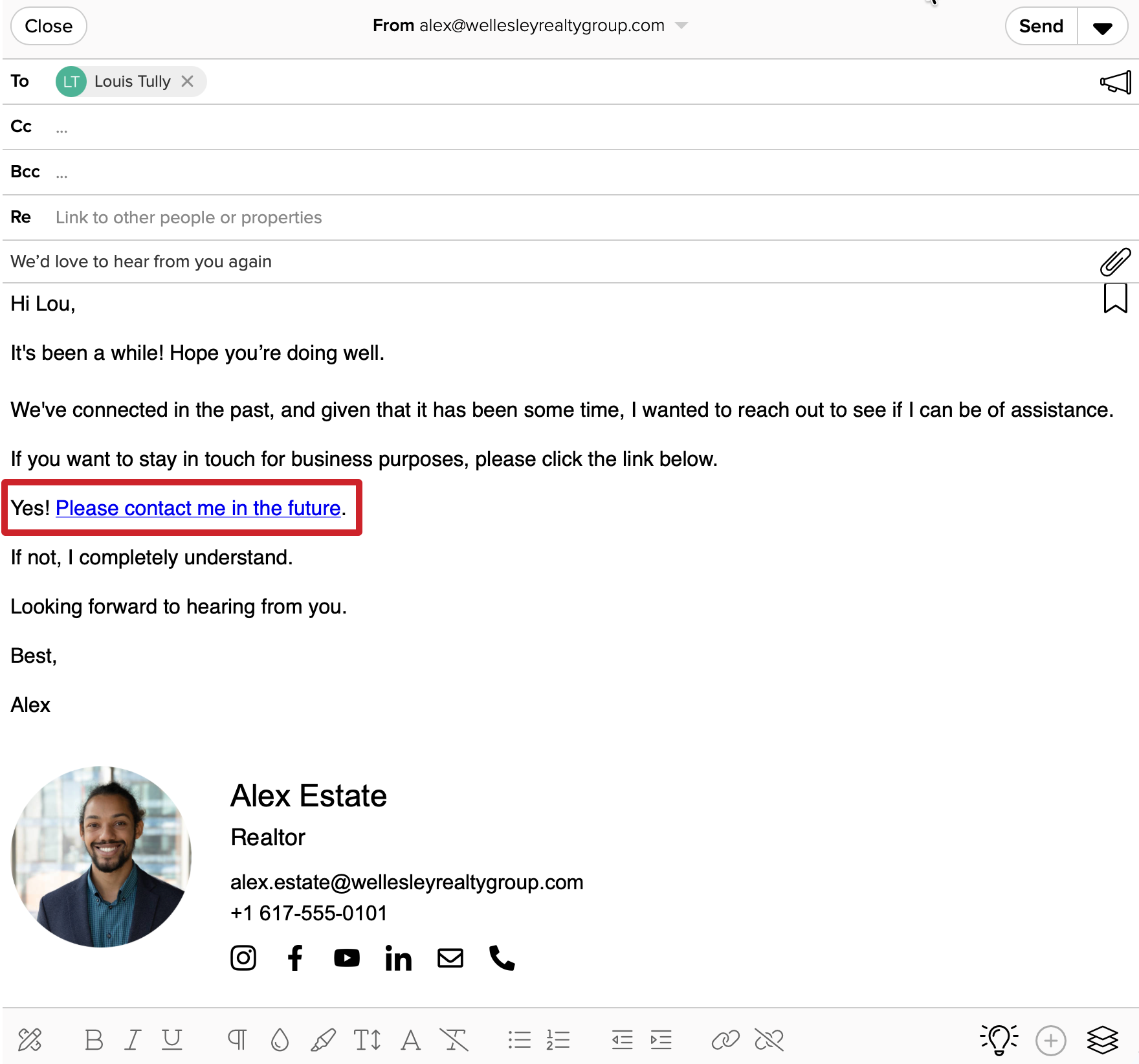 Cloze e-permission email  example to get consent for future outreach. 