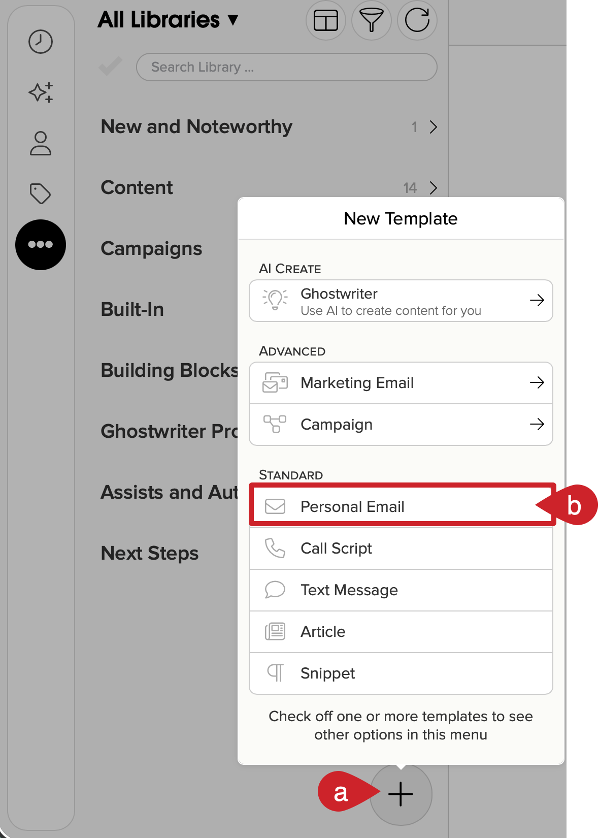 Cloze Template Library: Tap on + icon and select Personal Email.