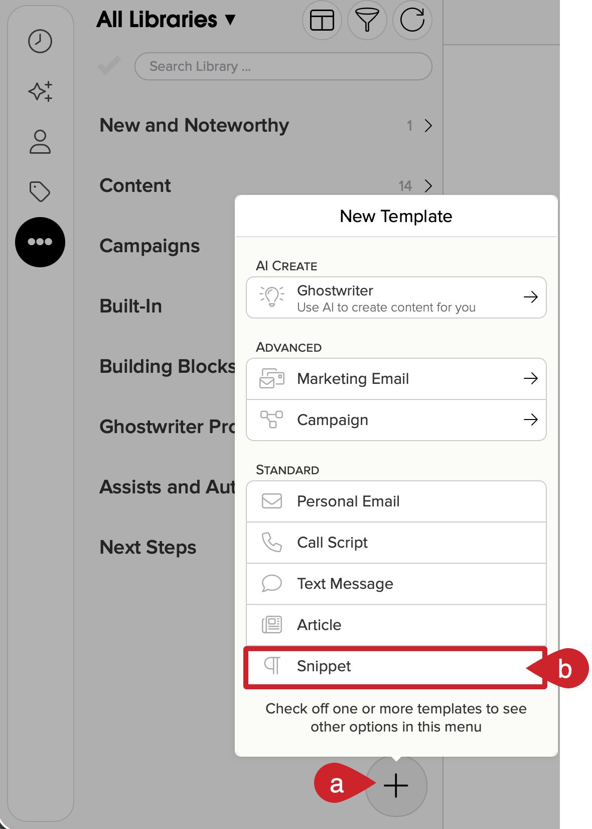Cloze Template Library: Tap on + icon and select Snippet