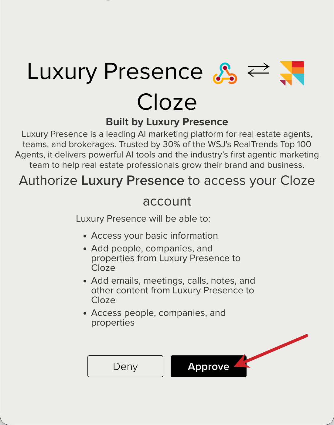 Approve the connection between Cloze and Luxury Presence.