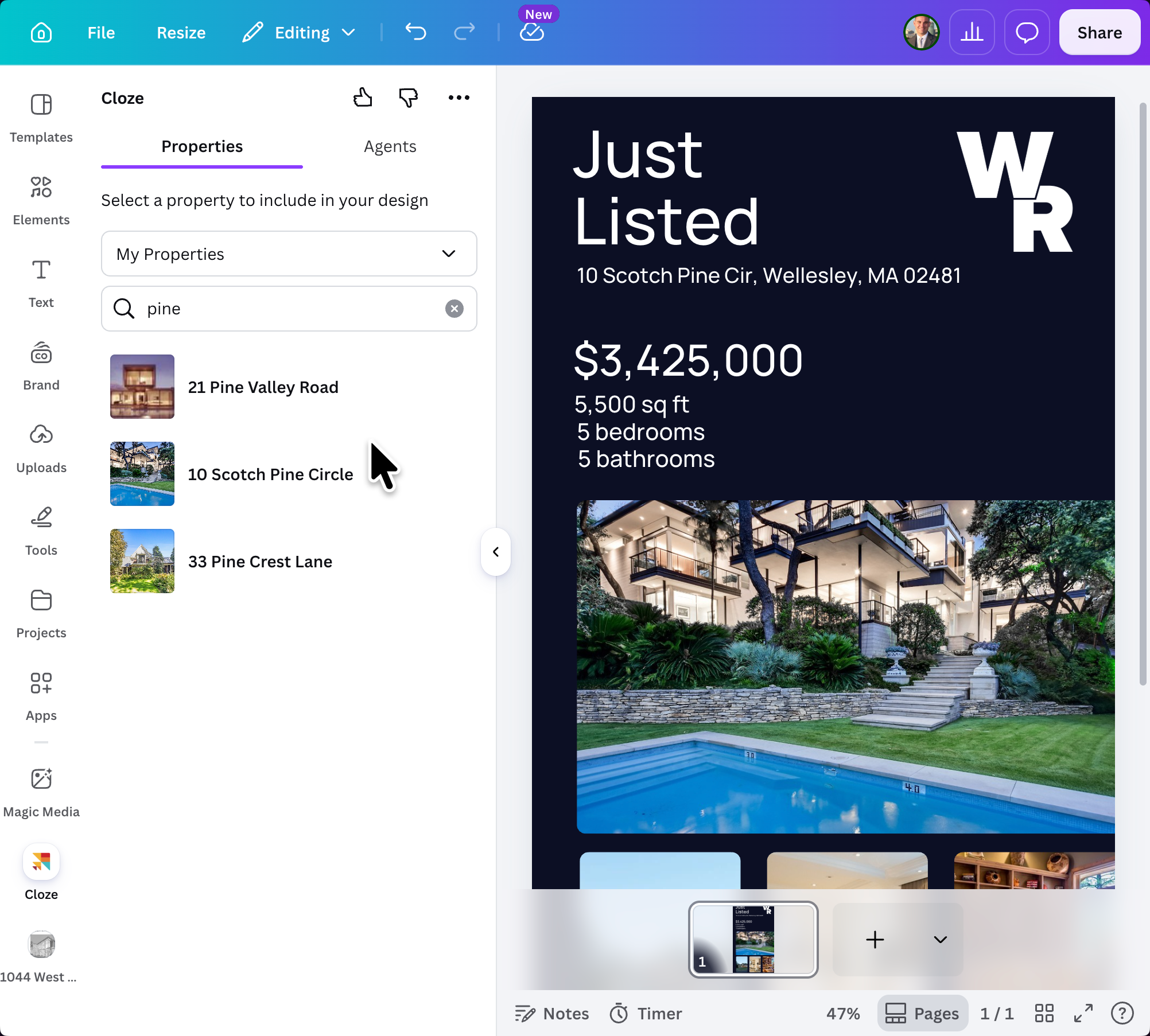 Access you listings in the Cloze App for Canva to create marketing materials.