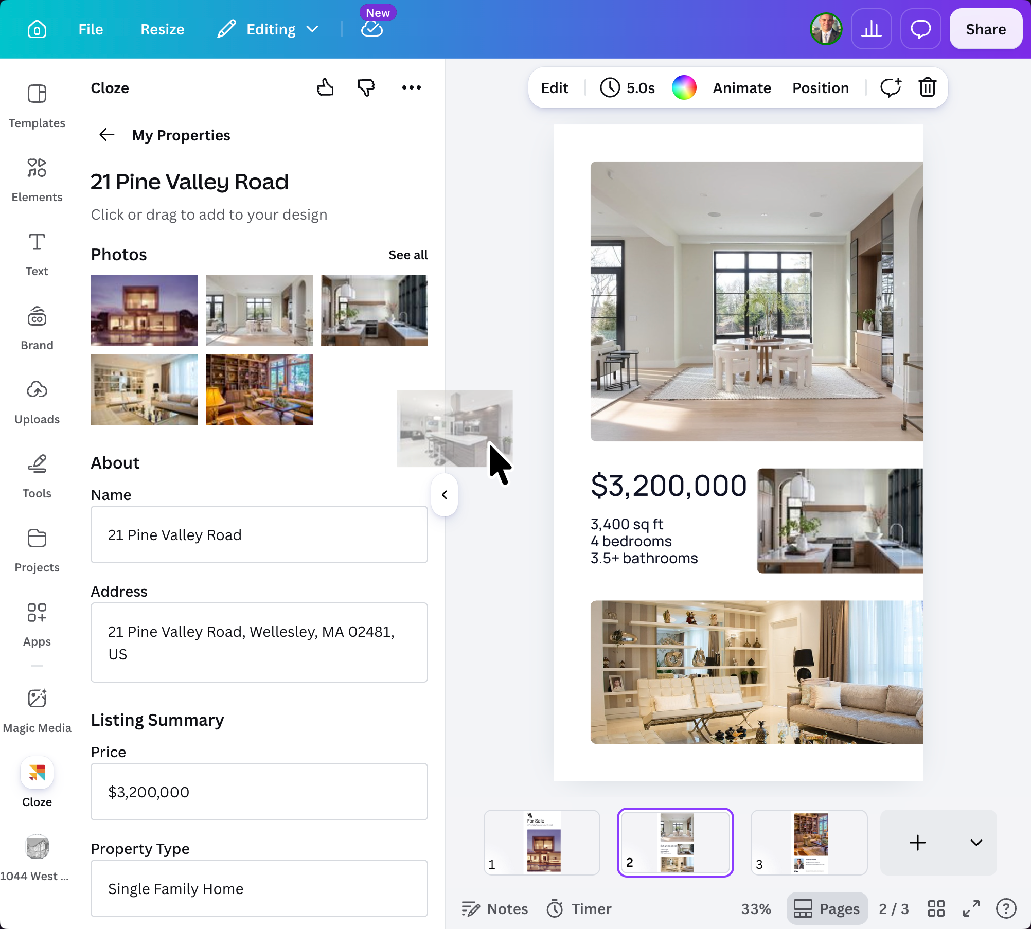 Drag and drop images and other listing content with the Cloze App for Canva.