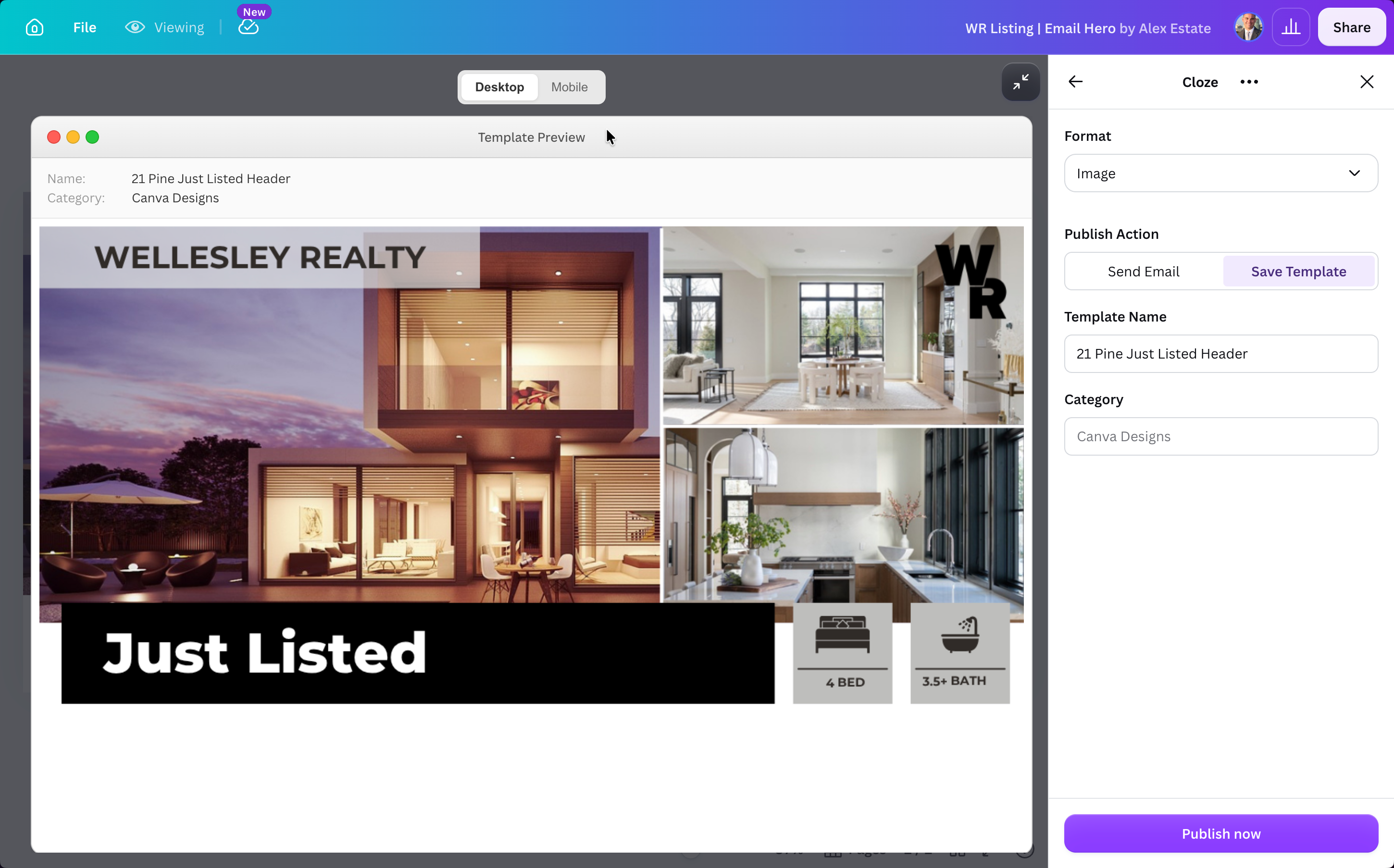 Click on the Canva share button to export any image to Cloze. 