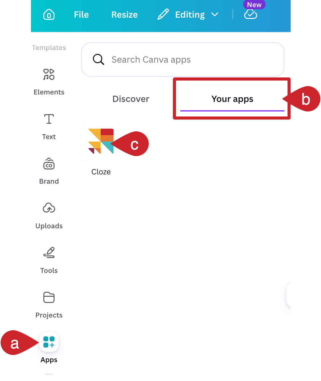 Canva: Tap on Apps > Your Apps > Select Cloze