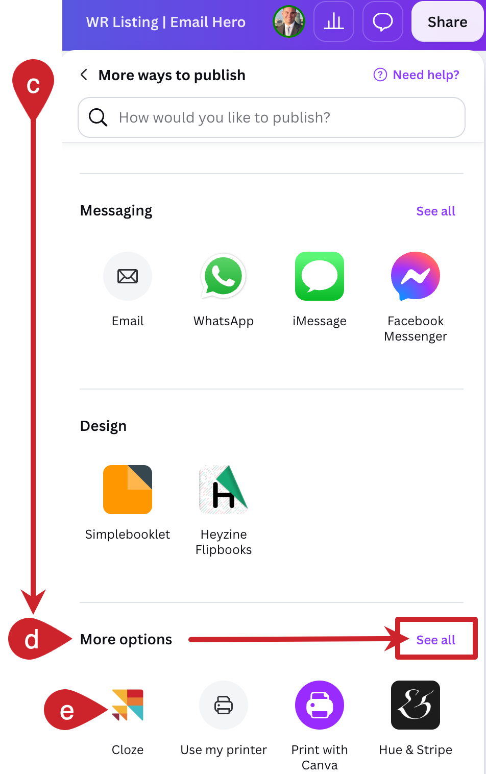 Canva: Scroll down the share menu and select Cloze.
