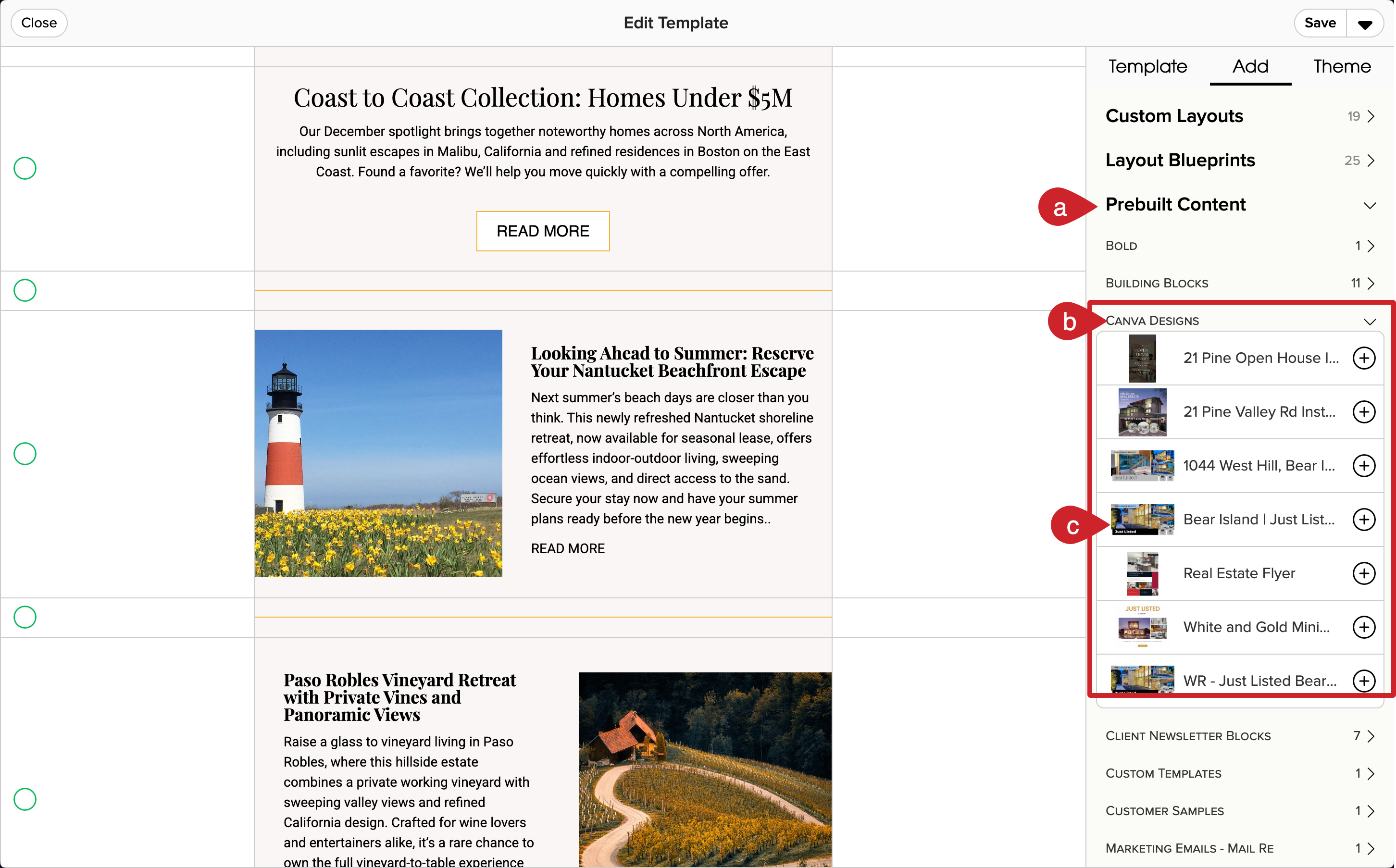Drag and drop the Canva published design into any Cloze marketing email.