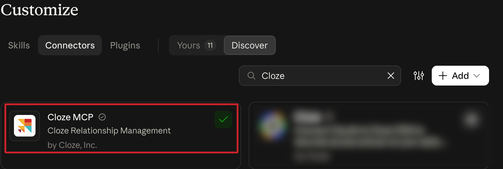 Claude is now connect to Cloze's MCP server.