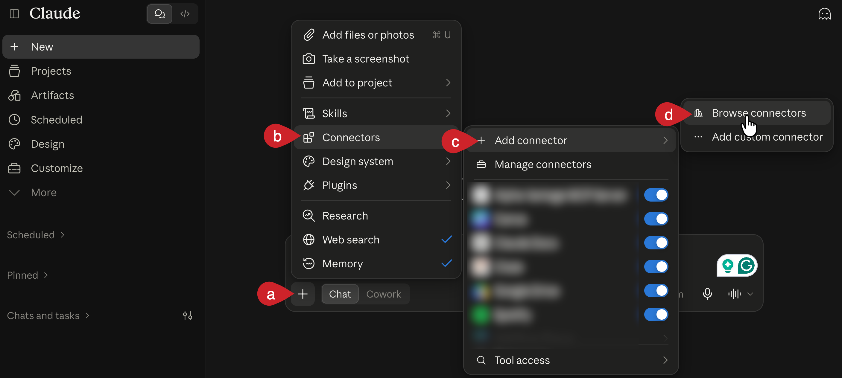 In a chat, tap on the plus icon, select Connectors, select add connector, and then browse connectors. 