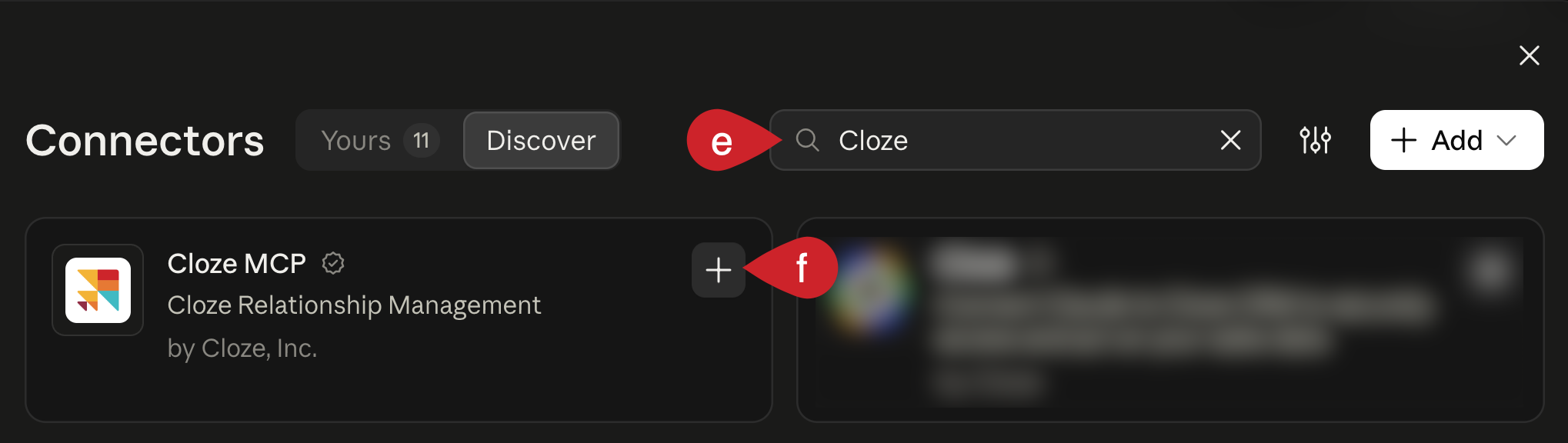 Search for Cloze and then tap on the plus icon to add the Cloze MCP connector.
