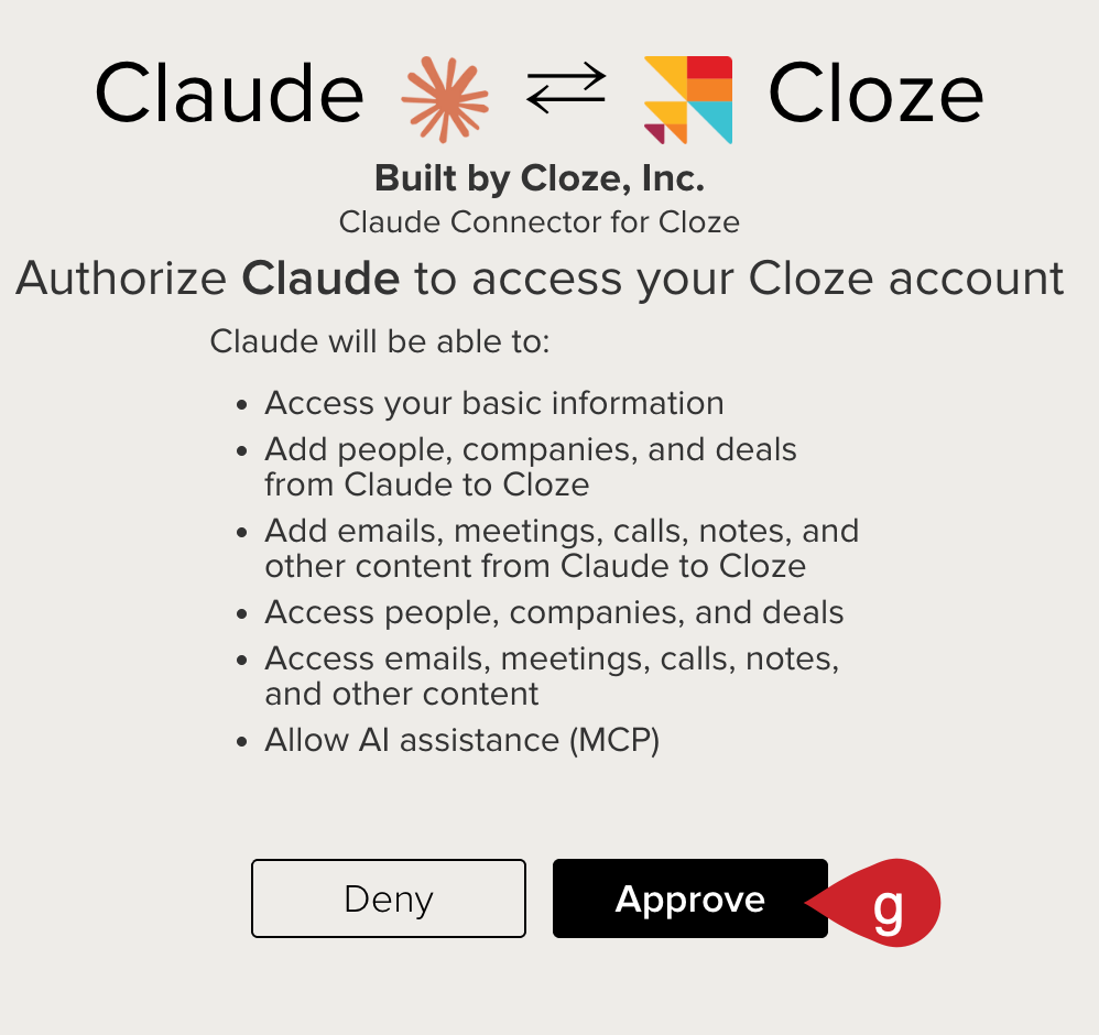 Tap on the Approve button to authorize Claude to access your Cloze account.