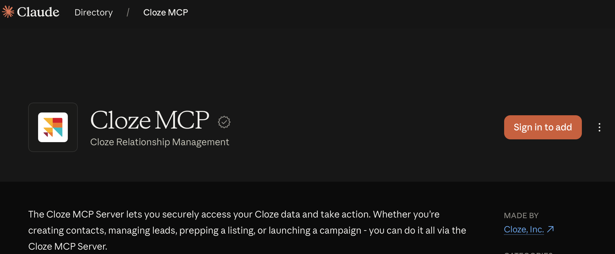 Sign in to add the Cloze MCP connector to your Claude account.