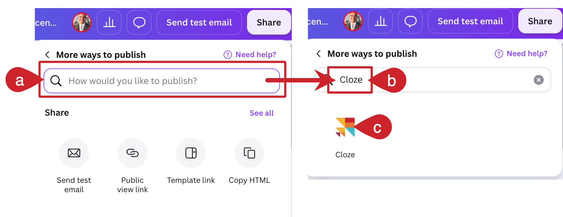 Canva Share button: Tap on the share button and search for Cloze.