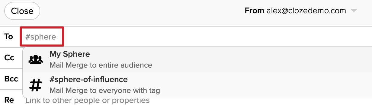 Quickly add an audience, tag, or subscription list to the TO line in Cloze.