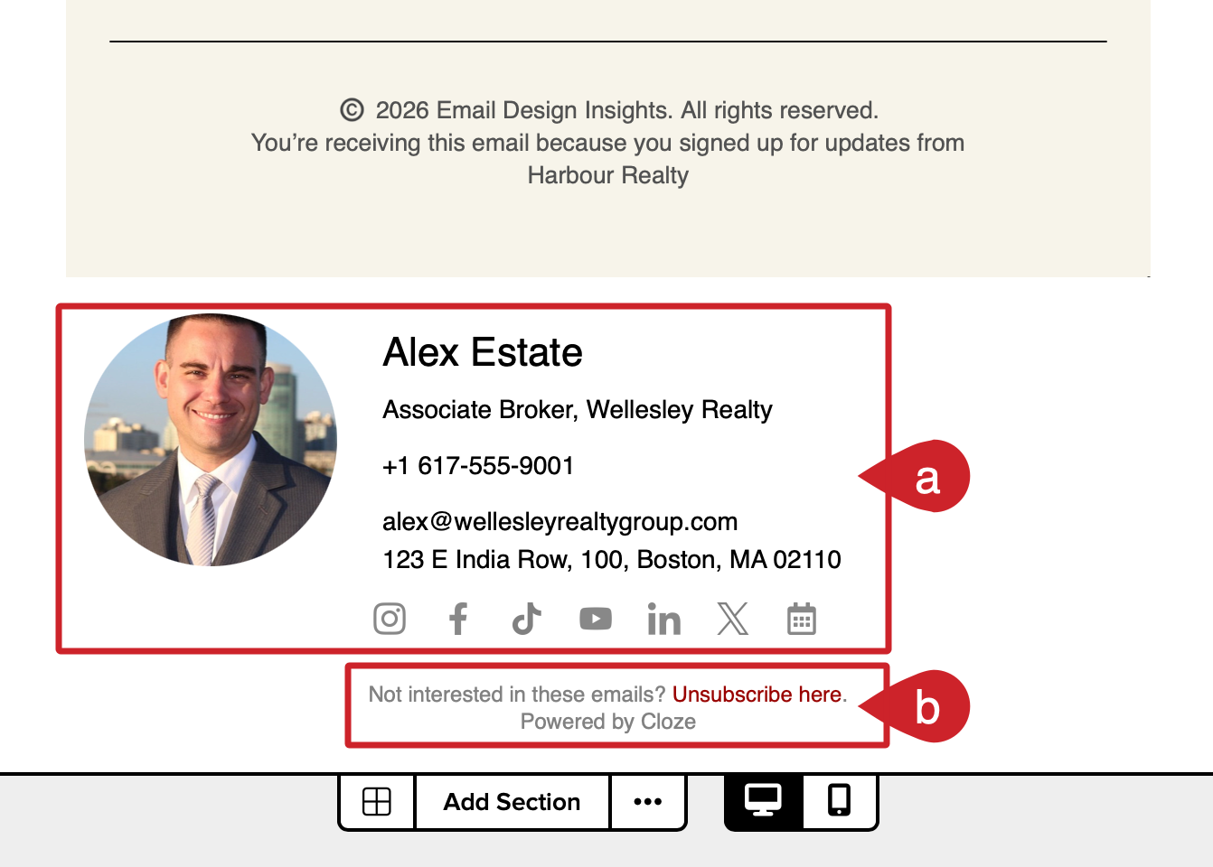 Personal footer and legal blocks added to your Canva HTML email in Cloze.