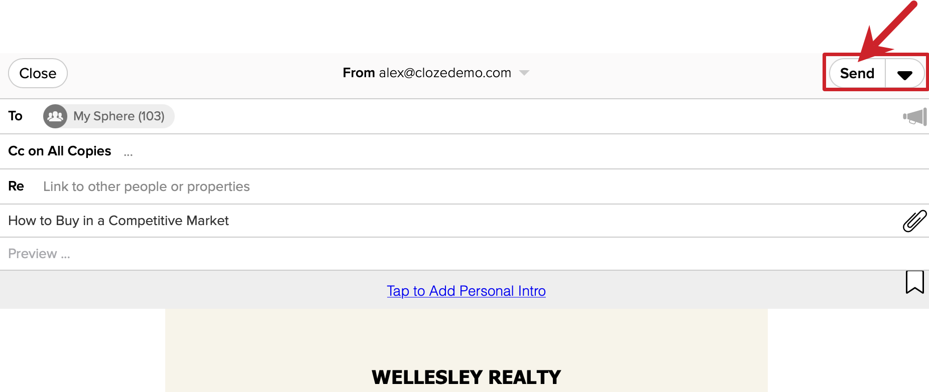 Canva HTML email in Cloze: Send your email.