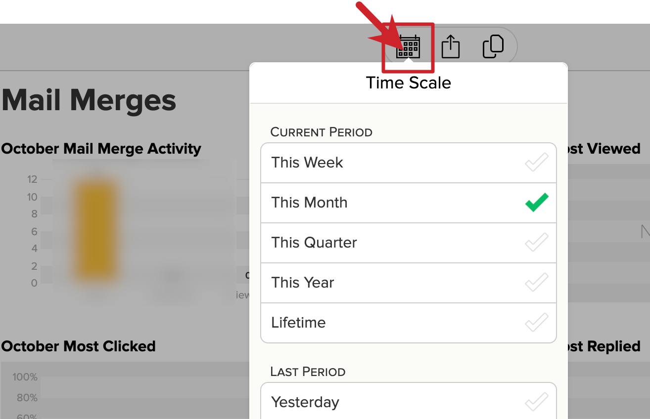 Mail Merge Analytics: Tap on the calendar icon to adjust the timescale.
