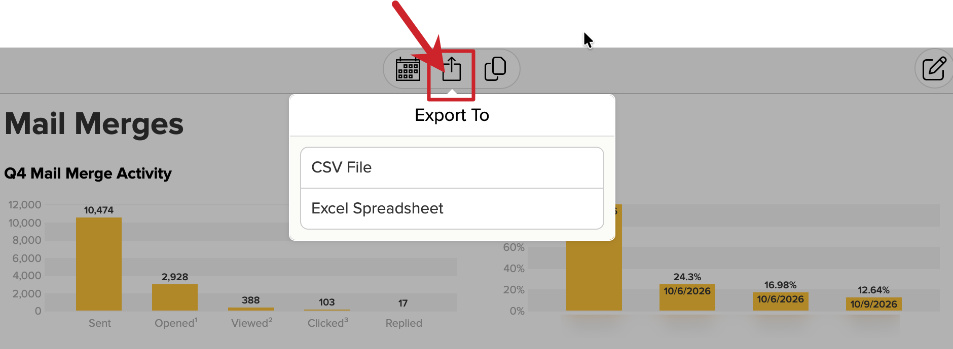 Cloze Mail Merge Analytics: Export summary metrics.