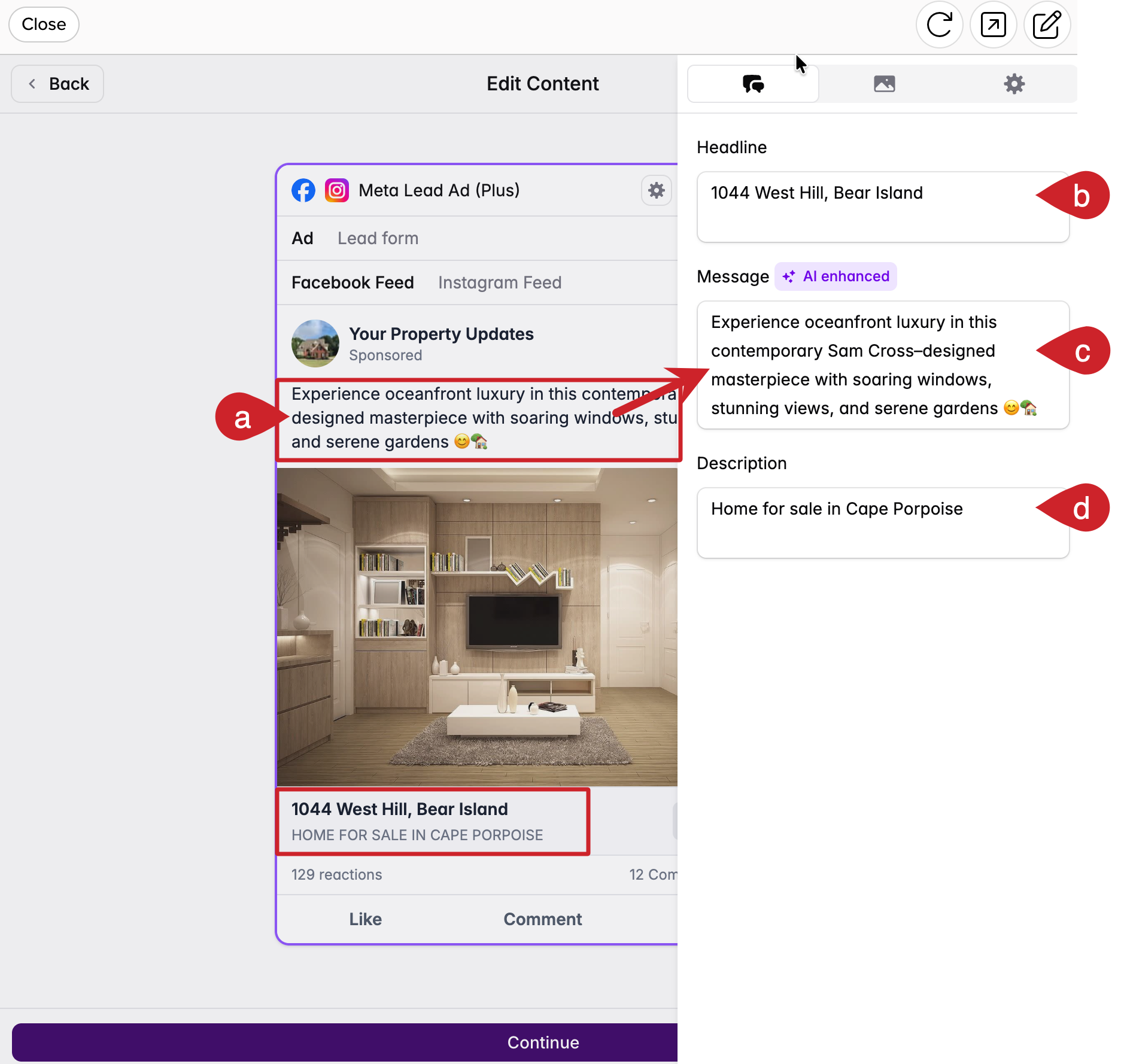 Cloze Ads: Edit headline, message, and description text.