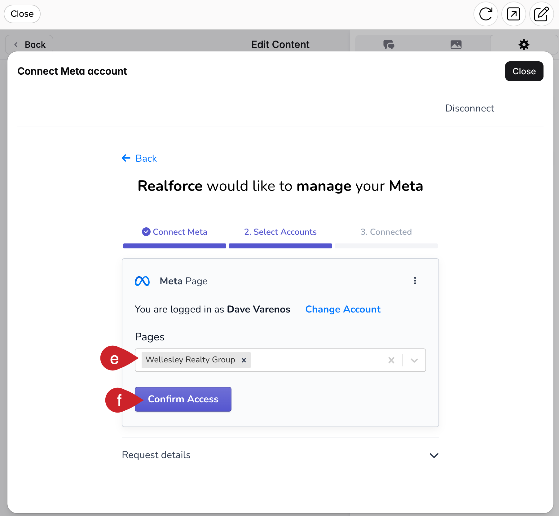 Cloze Ads: Select Facebook pages and confirm access.
