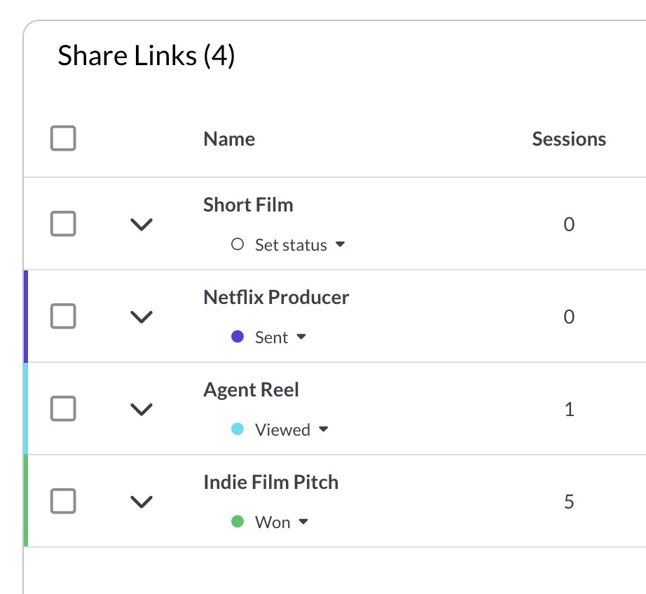Share Links table with colored status pills; one link shows Set status