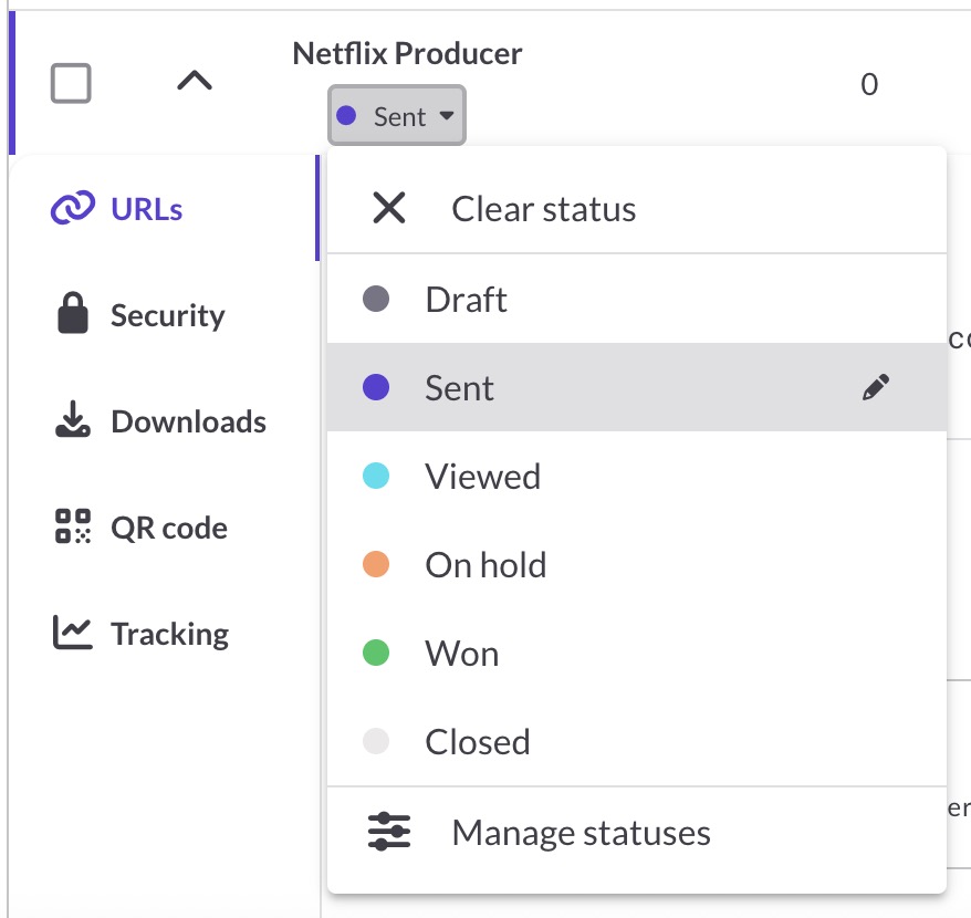Status menu open on a share link, showing the status list and Clear status