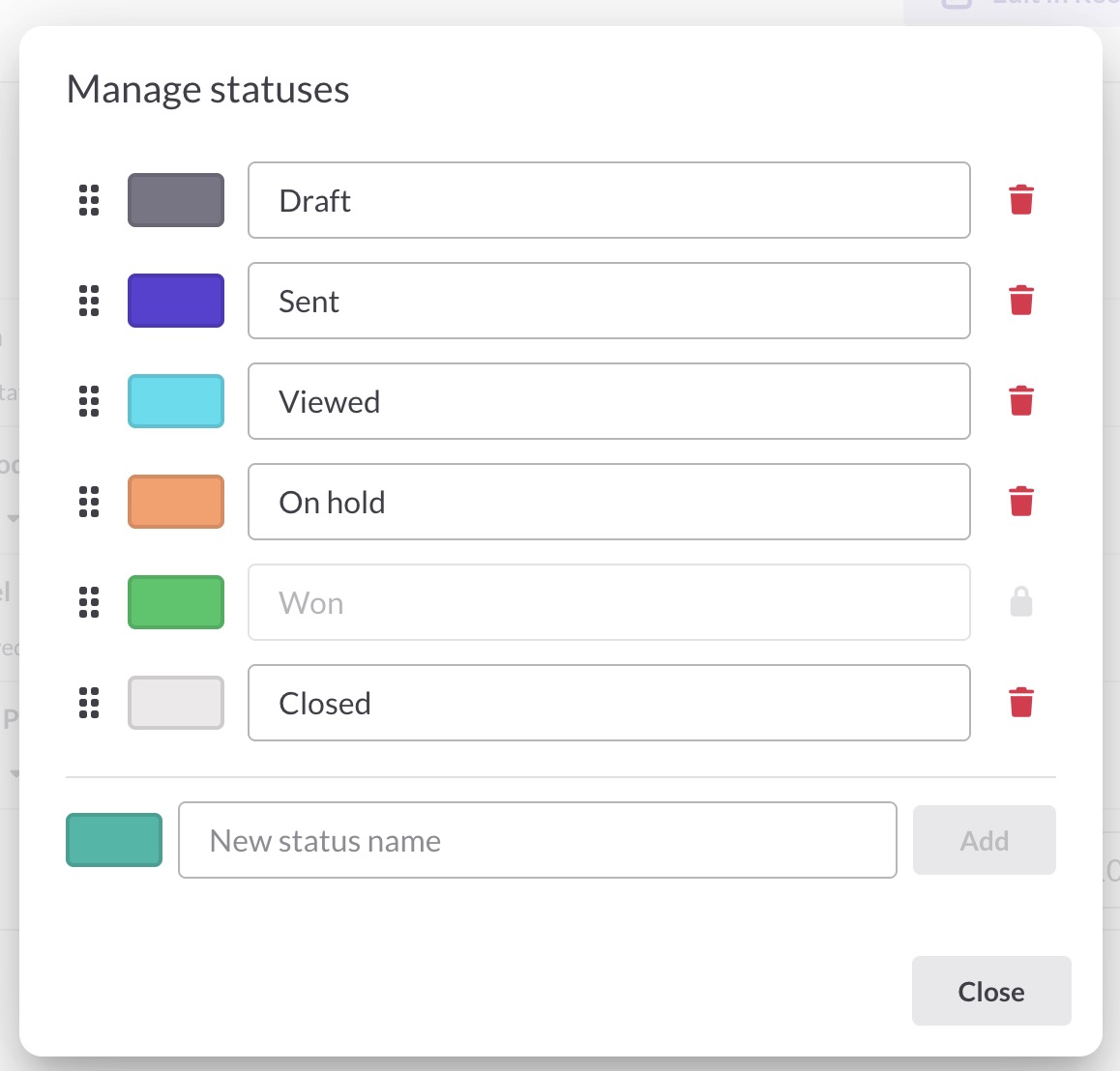 Manage statuses dialog with the status list, color swatches, and drag handles