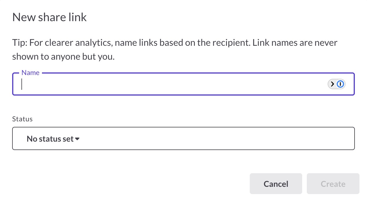 New share link dialog with the optional Status field set to No status set
