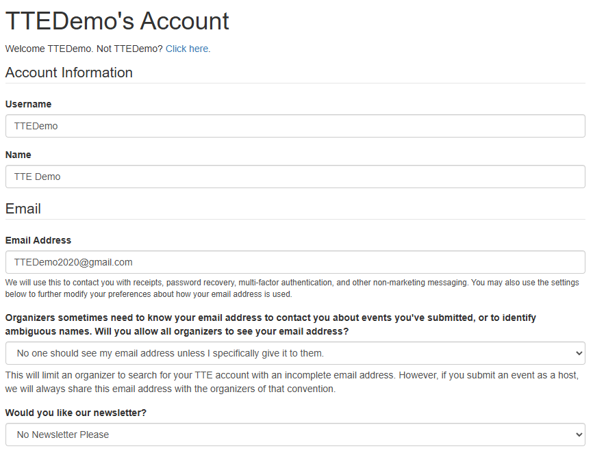 Screen shot of page detailing username, name, email address, sharing email with organizers and newsletter subscription.