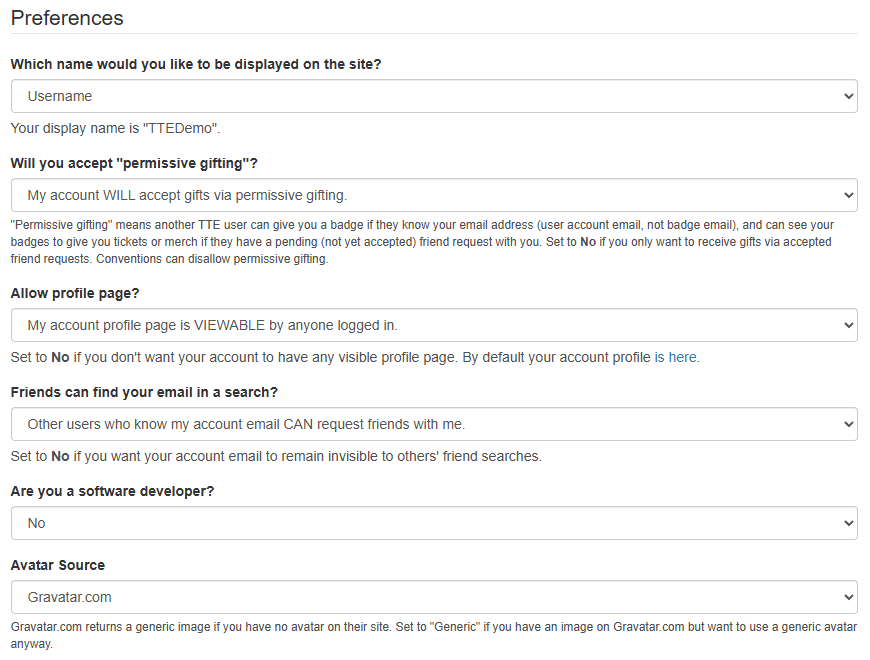 Screen shot of page detailing preferred display name, acceptance of permissive gifting, profile page options, friending options, status as a software developer and avatar source.