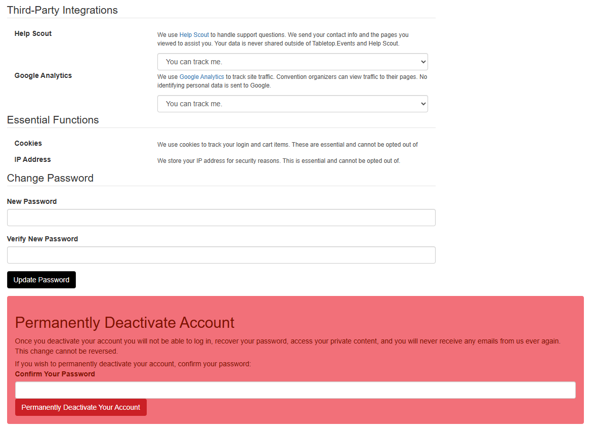 Screen shot of page detailing Help Scout and Google Analytics choices for tracking and options to change password or deactivate account.