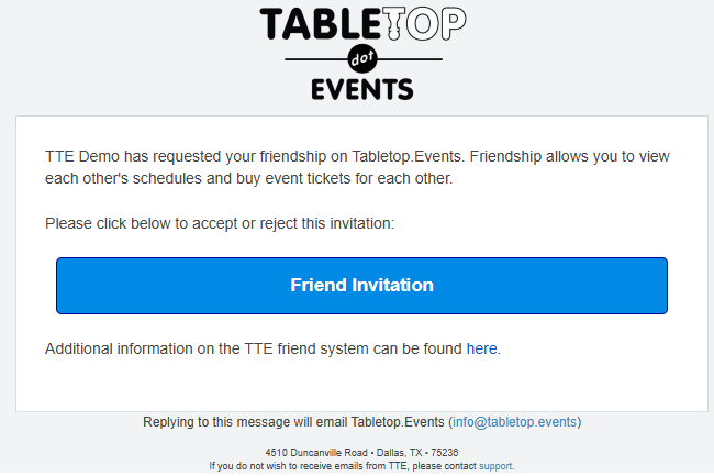 Email explaining that someone has sent a TTE friend request and a blue butt that will take the email recipient to the appropriate TTE page.