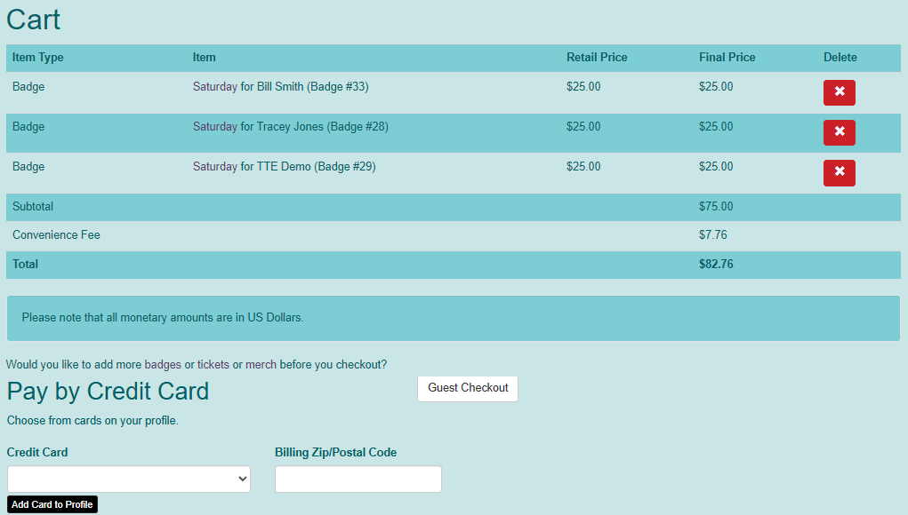 Cart screen showing three badges in cart with all fees and the ability to pay be credit card.