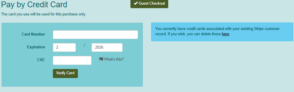 Pay by credit card for guest checkout allowing the entry of credit card info.