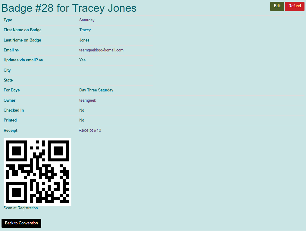 Badge screen showing all current fields and a badge QR code with edit and refund buttons.