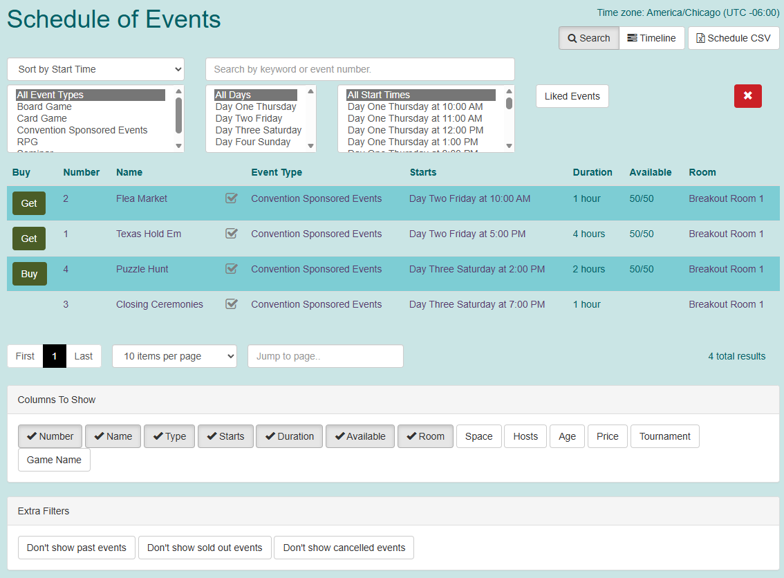 Schedule of available convention events that is sortable and has various filters available.