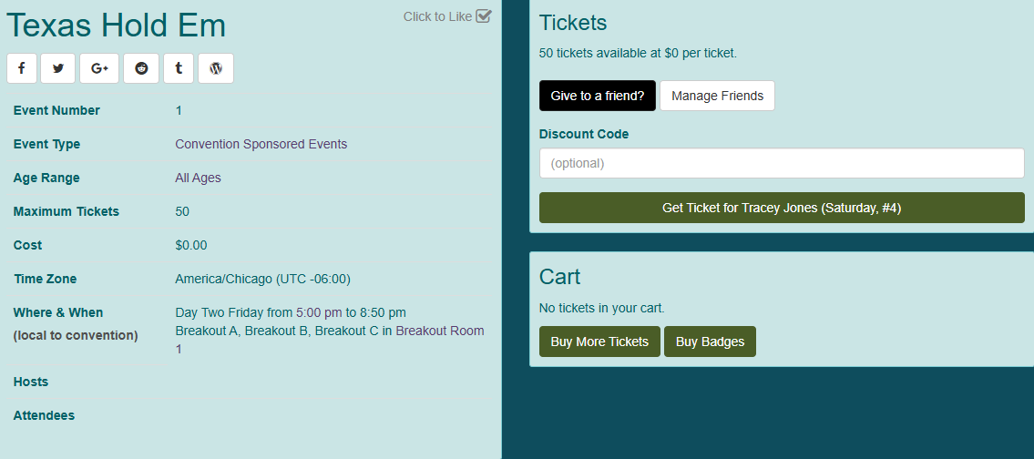 Detail of an event called Texas Hold Em with the abiilityt o purchase tickets for the event.