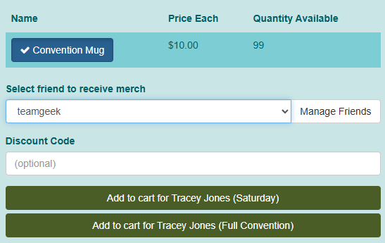Showing merch page with the ability to add merchandise to the badges of friends in the TTE system.