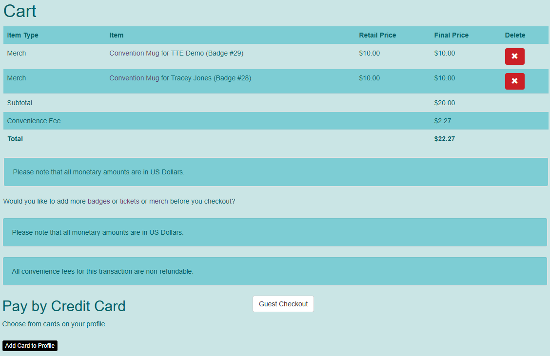 Cart view showing two mugs being purchased