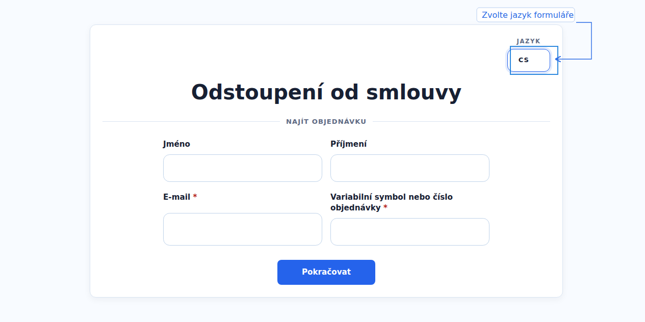 Přepínač jazyka ve veřejném formuláři pro odstoupení od smlouvy