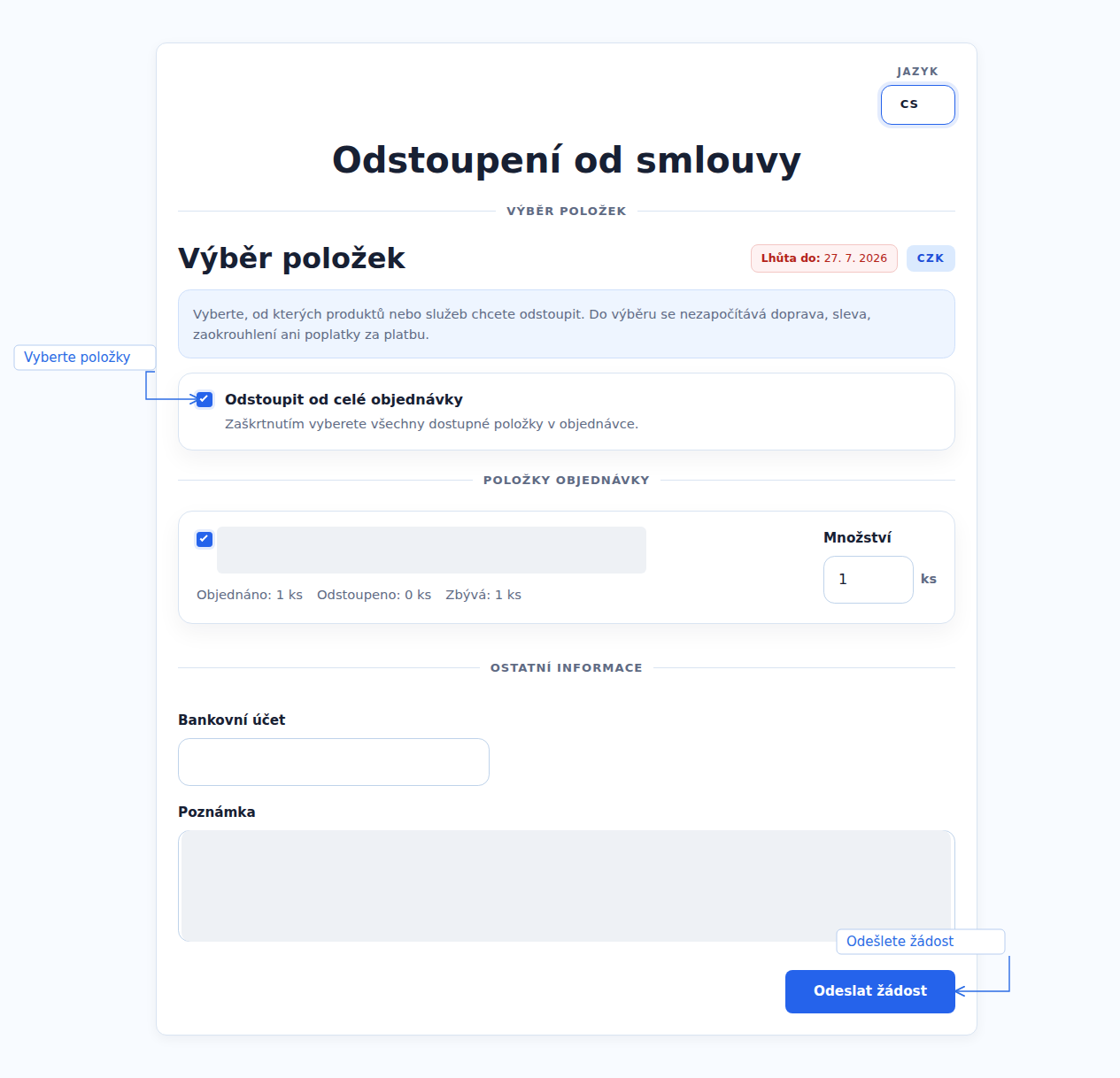 Výběr položek a odeslání žádosti o odstoupení od smlouvy