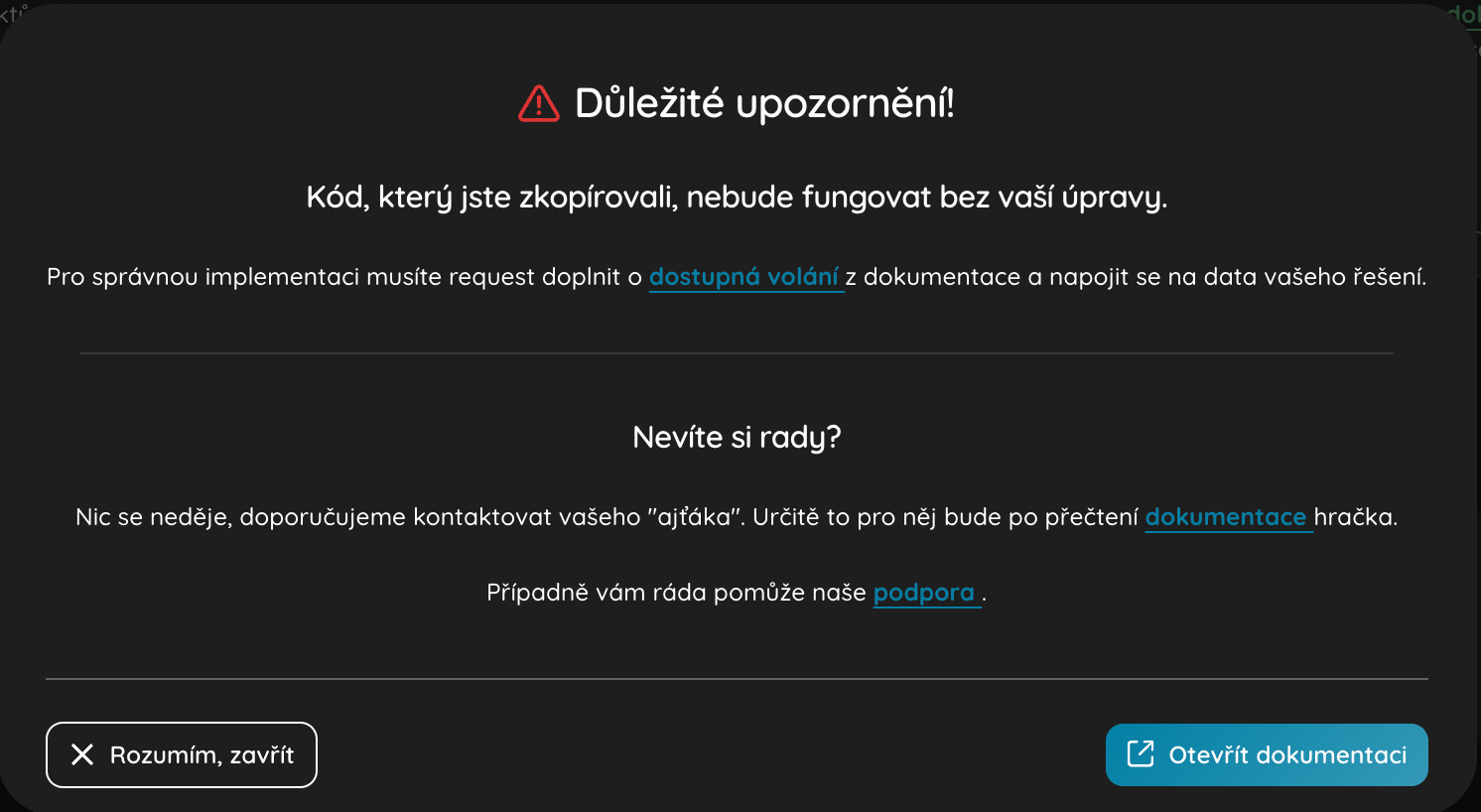 Upozornění SmartEmailingu po zkopírování webtrackingového kódu