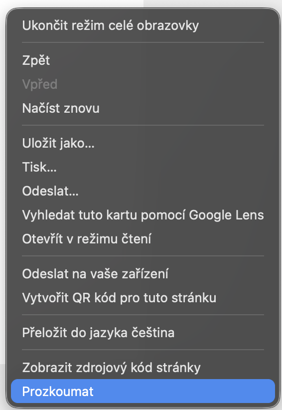 Volba Prozkoumat v nabídce internetového prohlížeče