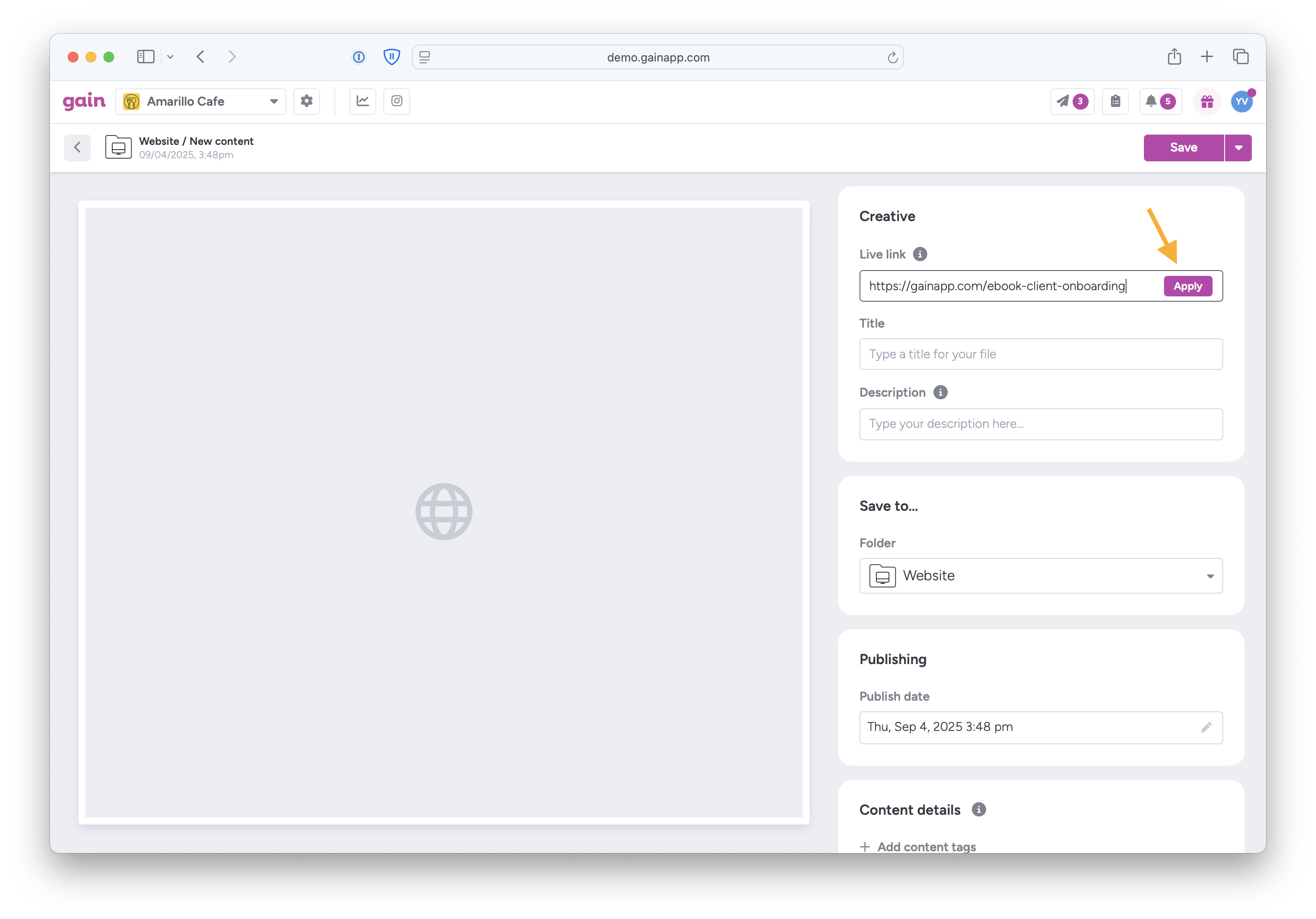 The content editor for a live link, with an arrow pointing to the URL field.