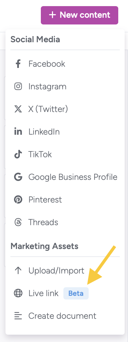 The New Content menu shows the Live Link option under Marketing Assets.