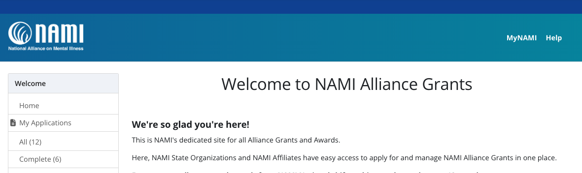Screenshot of the top of the Alliance Grants Portal homepage