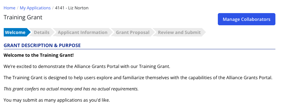 Image of the grant description & purpose on the Welcome page