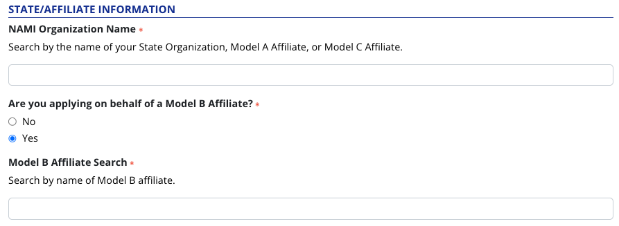 Image displaying the NAMI Organization Name search and Model B questions