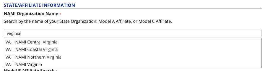 Image demonstrating the return of NAMI Organization search results