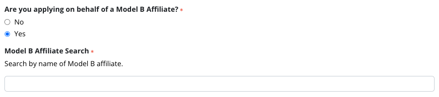 Screenshot of questions regarding Model B Affiliates related to this application