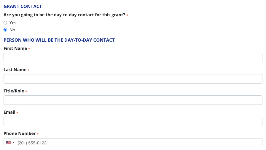Form fields to collect name, title, email and phone number for the day-to-day grant manager at your organization